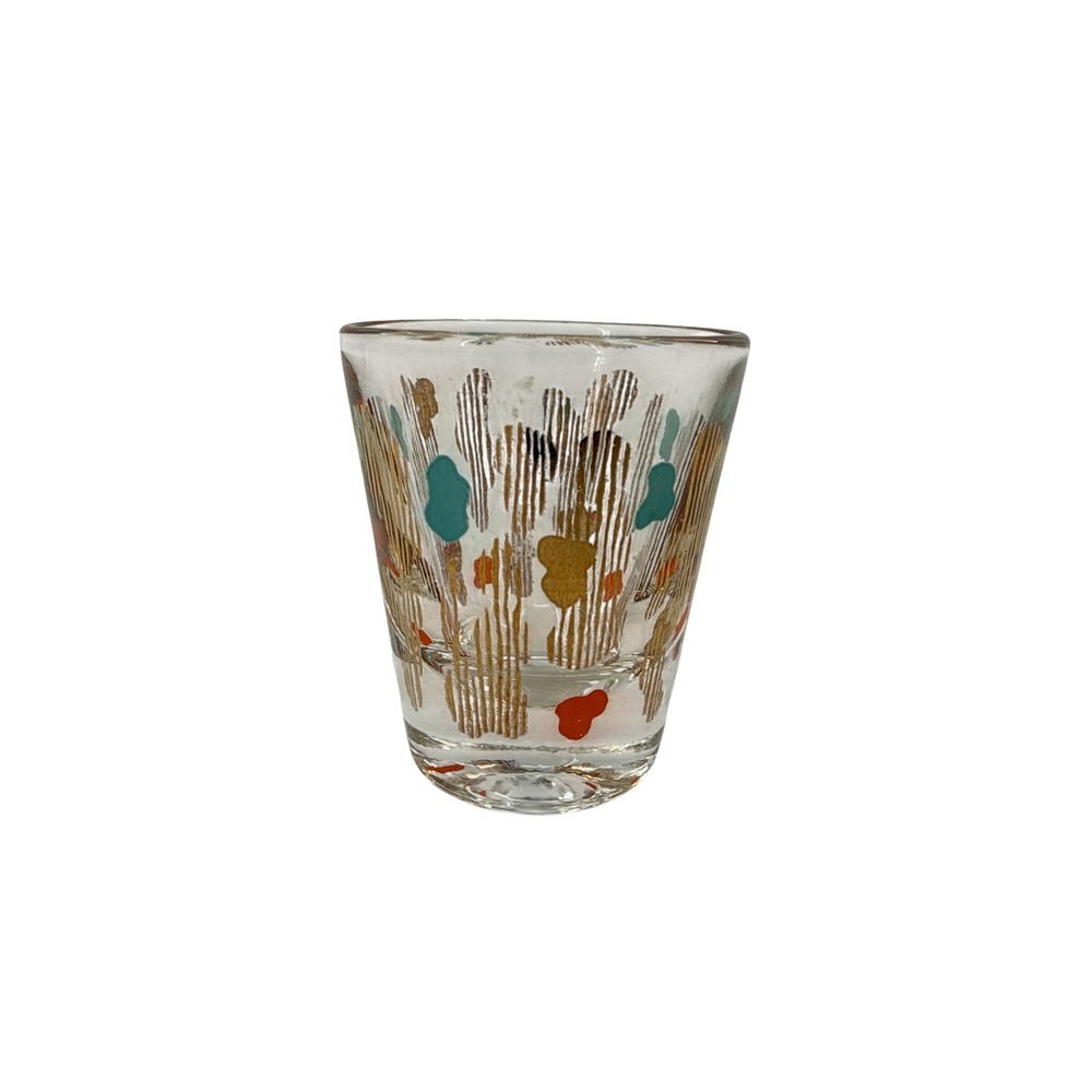 Vintage Mid Century Modern Shot Glass Set 8pc Atomic Snowflake Geometric Gold - Picture 3 of 6